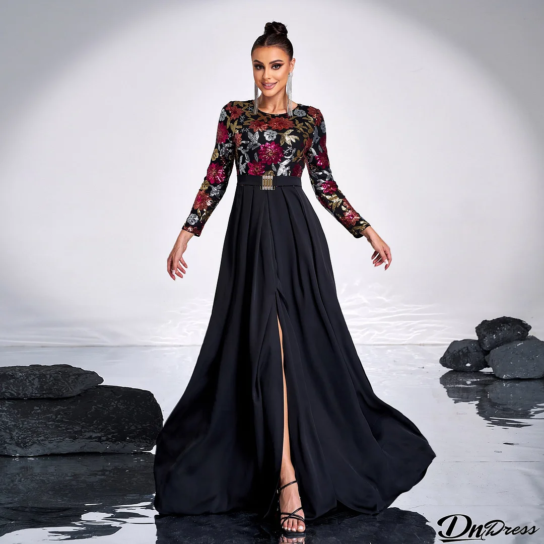 Long Sleeve Round Neck Long Sequin Formal Party Evening Dress Bridesmaid Dress