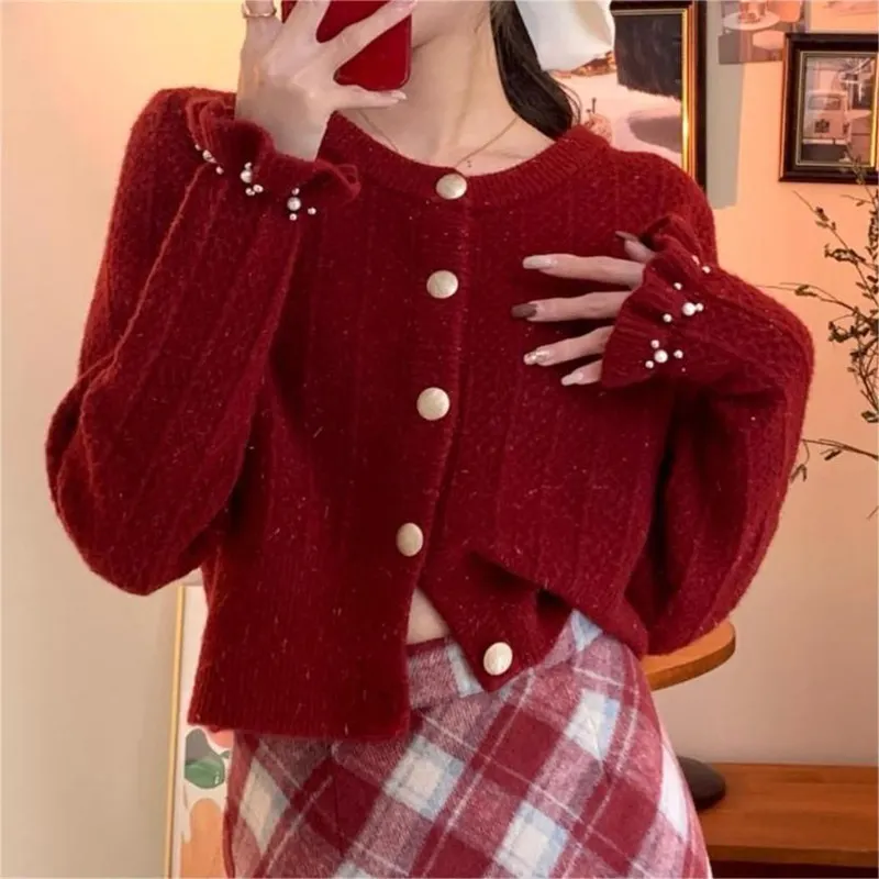 Churchf Churchf Version Autumn Winter Gentle Department Lotus Leaf Sleeve Sweet Wind Round Collar Sweater Female Design Feeling Nail Bead Knit Cardigan Jacket Tide