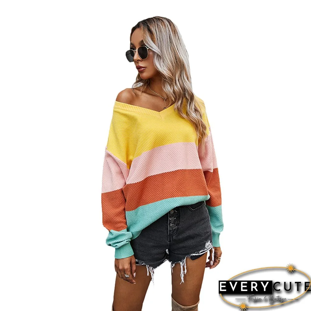 Yellow Colorblock V Neck Pullover Sweater