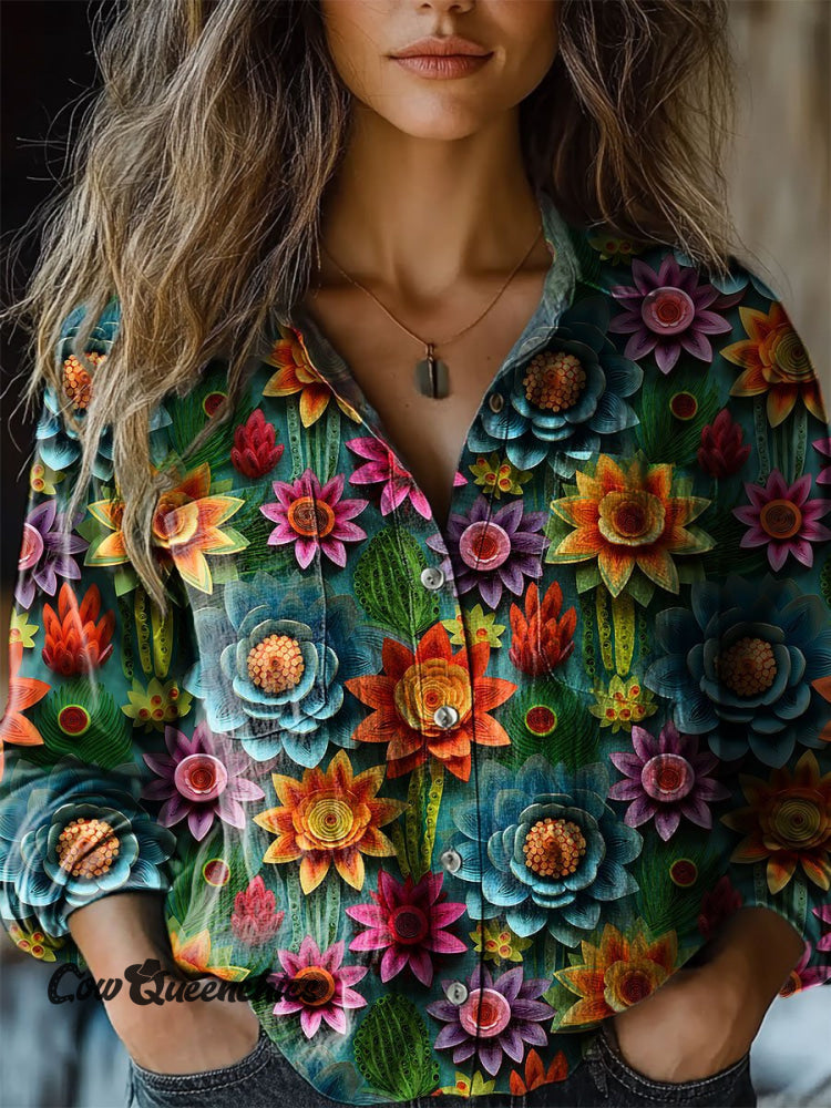 Women’s Vintage Flower Art Print Casual Long Sleeve Comfortable Cotton Shirt Multicolor / S