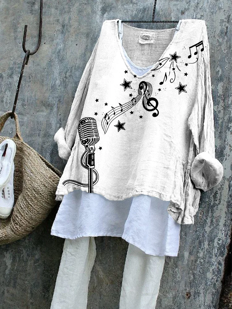 Microphone And Music Notes Pattern Linen Blend Tunic