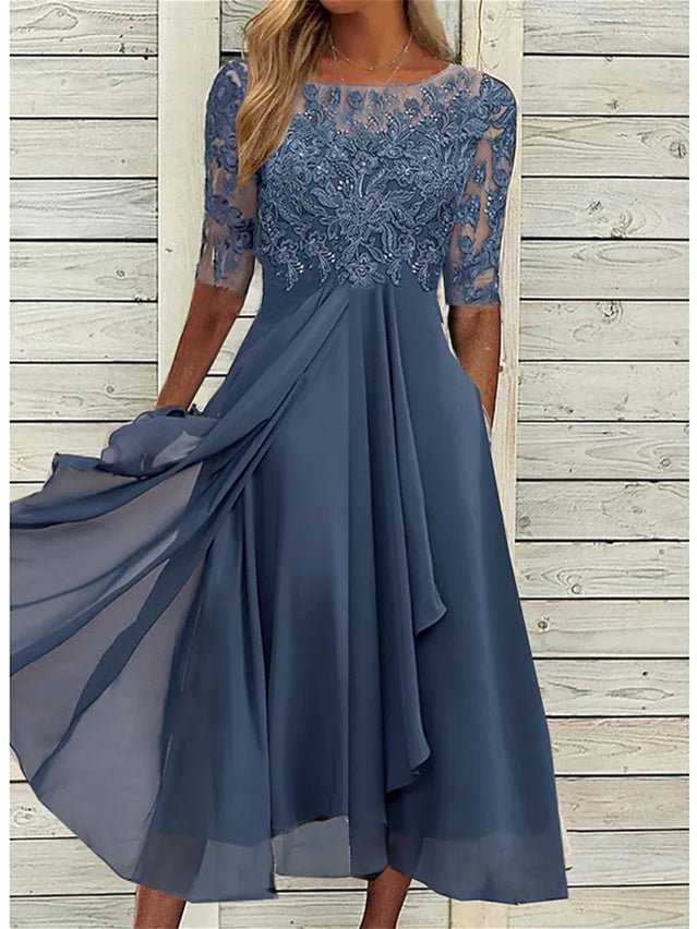 Women's Half Sleeve Scoop Neck Lace Midi Dress