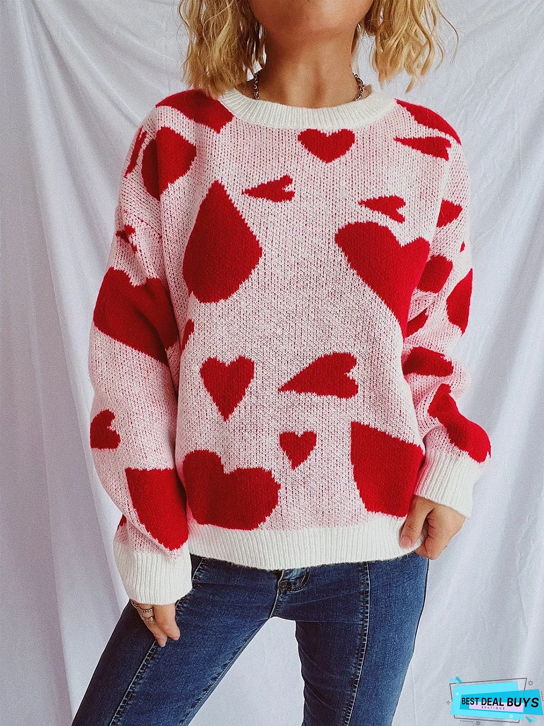 Heart Round Neck Long Sleeve Sweater