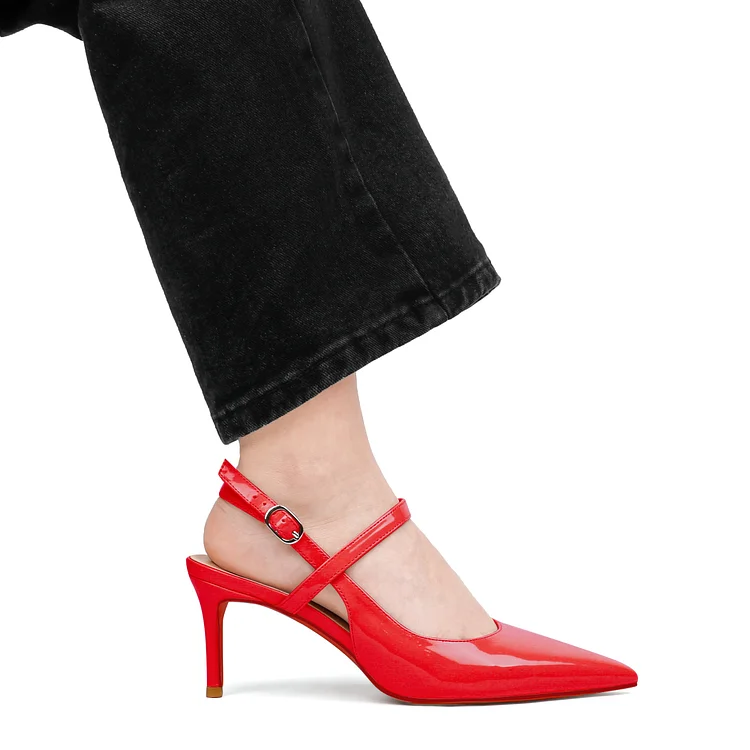 65mm Women Slingback Pumps Ankle Strap Stiletto Mid Heels Pointed Toe Dress Red Bottoms Shoes VOCOSI VOCOSI
