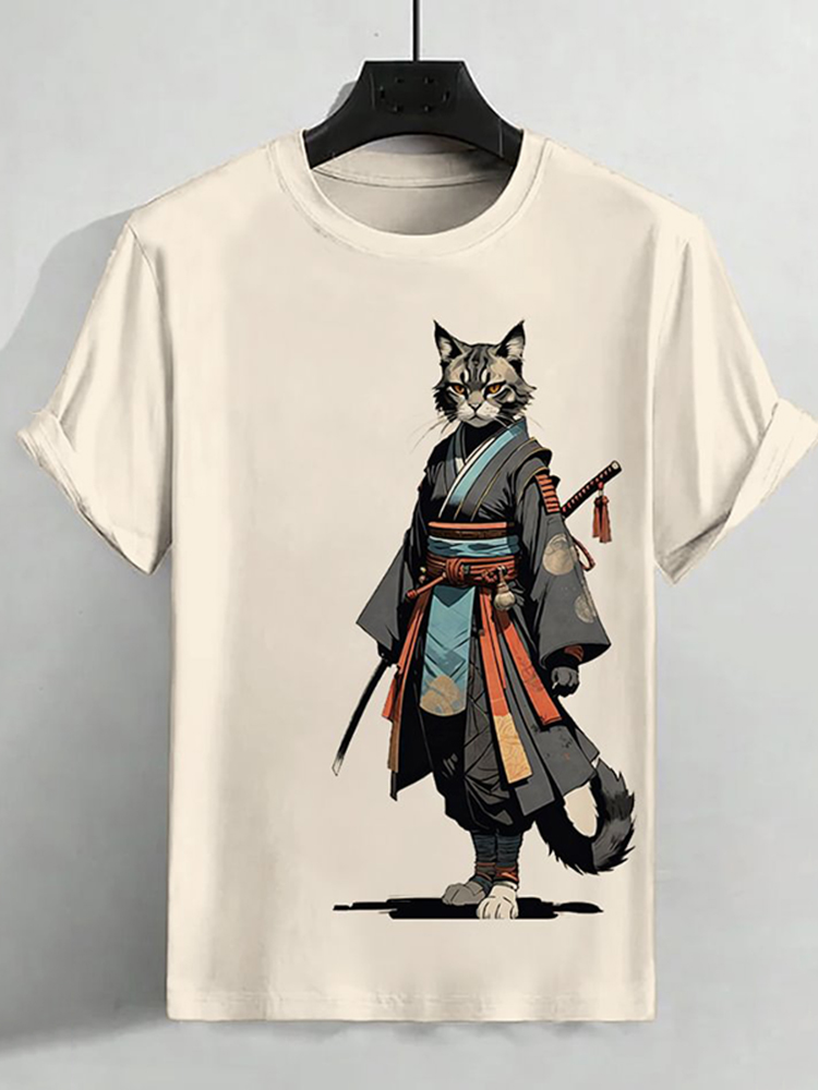 Comstylish Men'S Samurai Cat Printed Cotton Casual T-Shirt