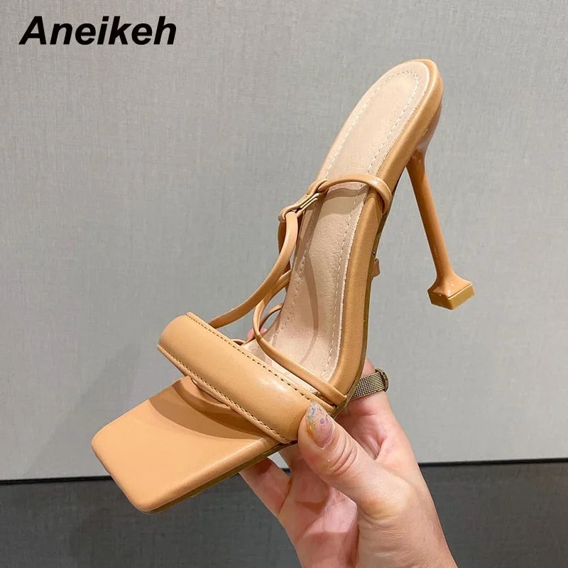 Aneikeh NEW Sexy Cross-Tied GREEN WOVEN PADDED STRAP LACE UP HEELS Sandal Thin Heels High Shoes For Women 2022 Sandals 35-42