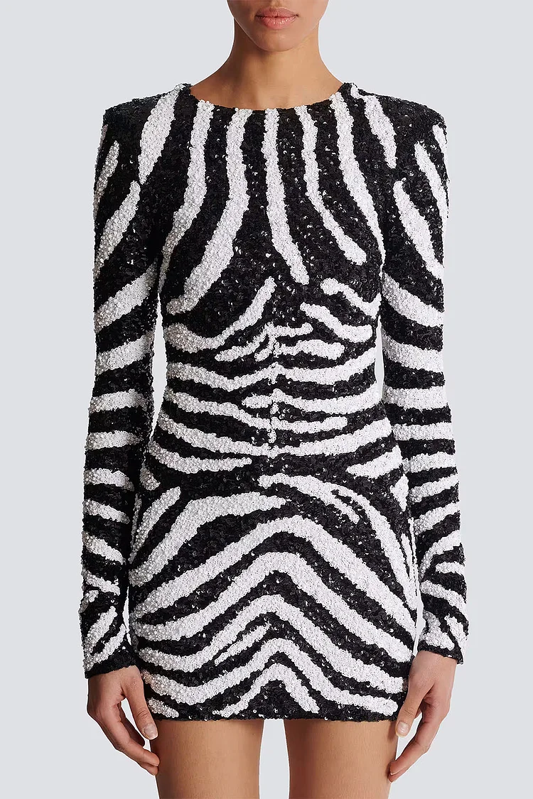 Zebra Stripe Sequin Bodycon Mini Dress-Black