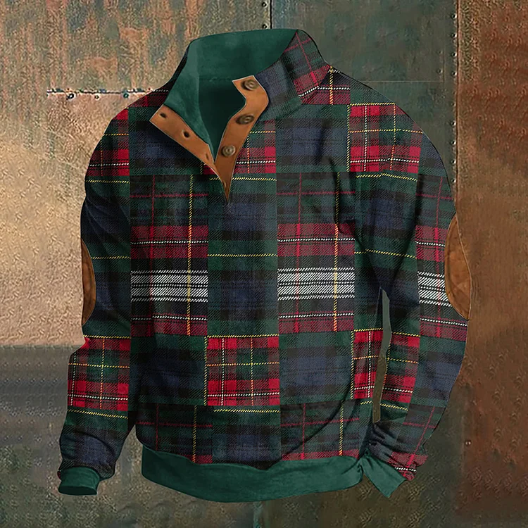 Utbros Vintage Tribal Scottish Checkered Button Down Sweatshirt