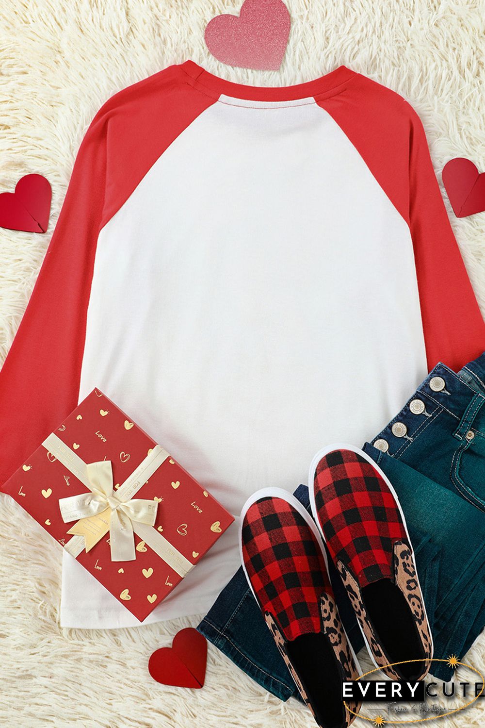 Red Love Plaid Heart Color Block 3/4 Sleeve Top