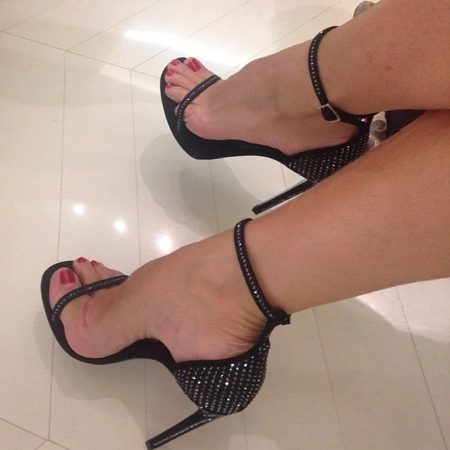 Black Rhinestone Open Toe Stiletto Heel Ankle Strap Sandals |FSJ Shoes