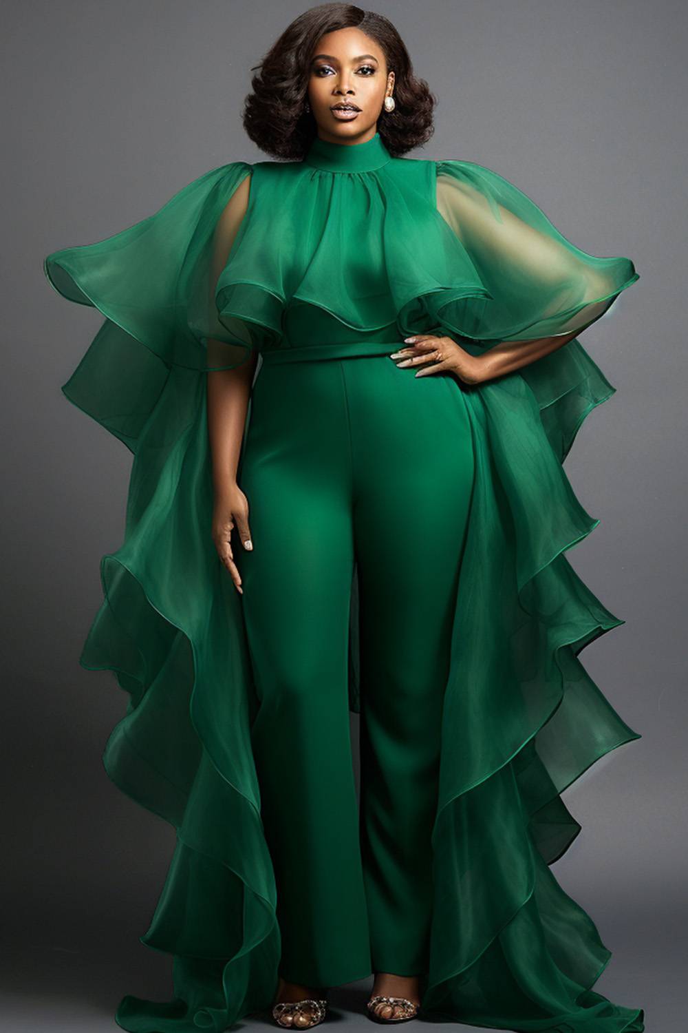 Design Plus Size Formal Elegant Green Spring Summer Mock Neck Cape Sleeve Half Sleeve Ruffle Flounce Jumpsuits [Pre-Order]