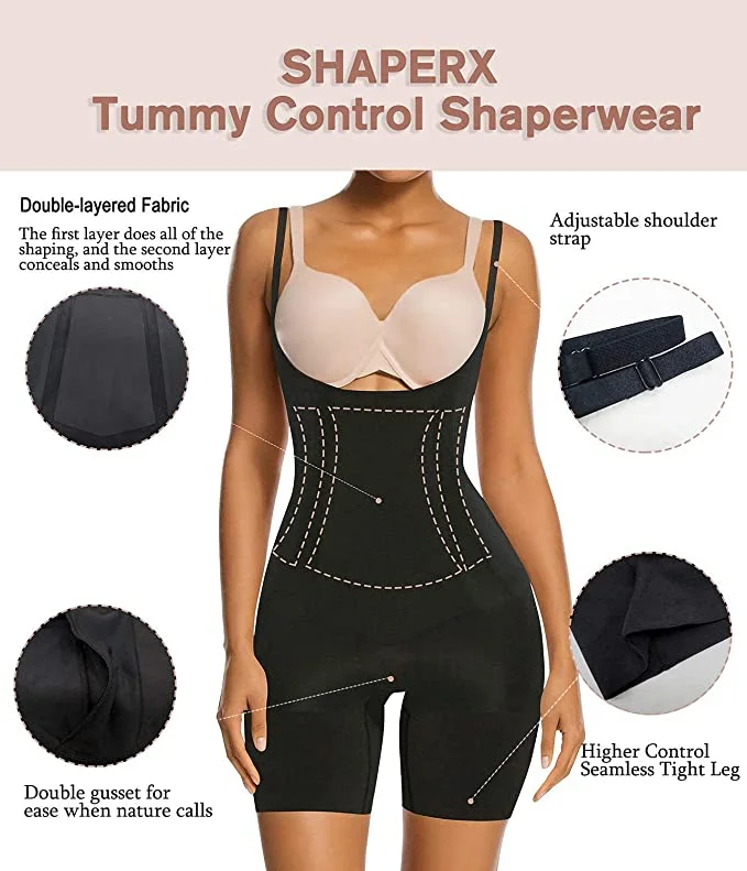Women's Tummy Body Shaper Seamless Bodysuit Open Chest Mid Thigh Shaper Shorts