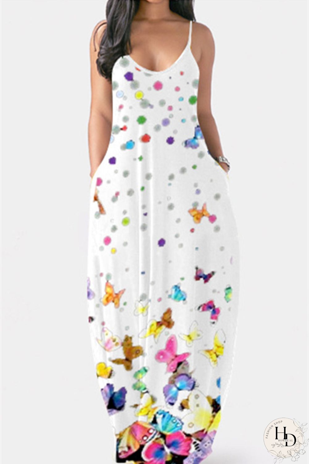 Green Sexy Casual Butterfly Print Backless Spaghetti Strap Sleeveless Dress