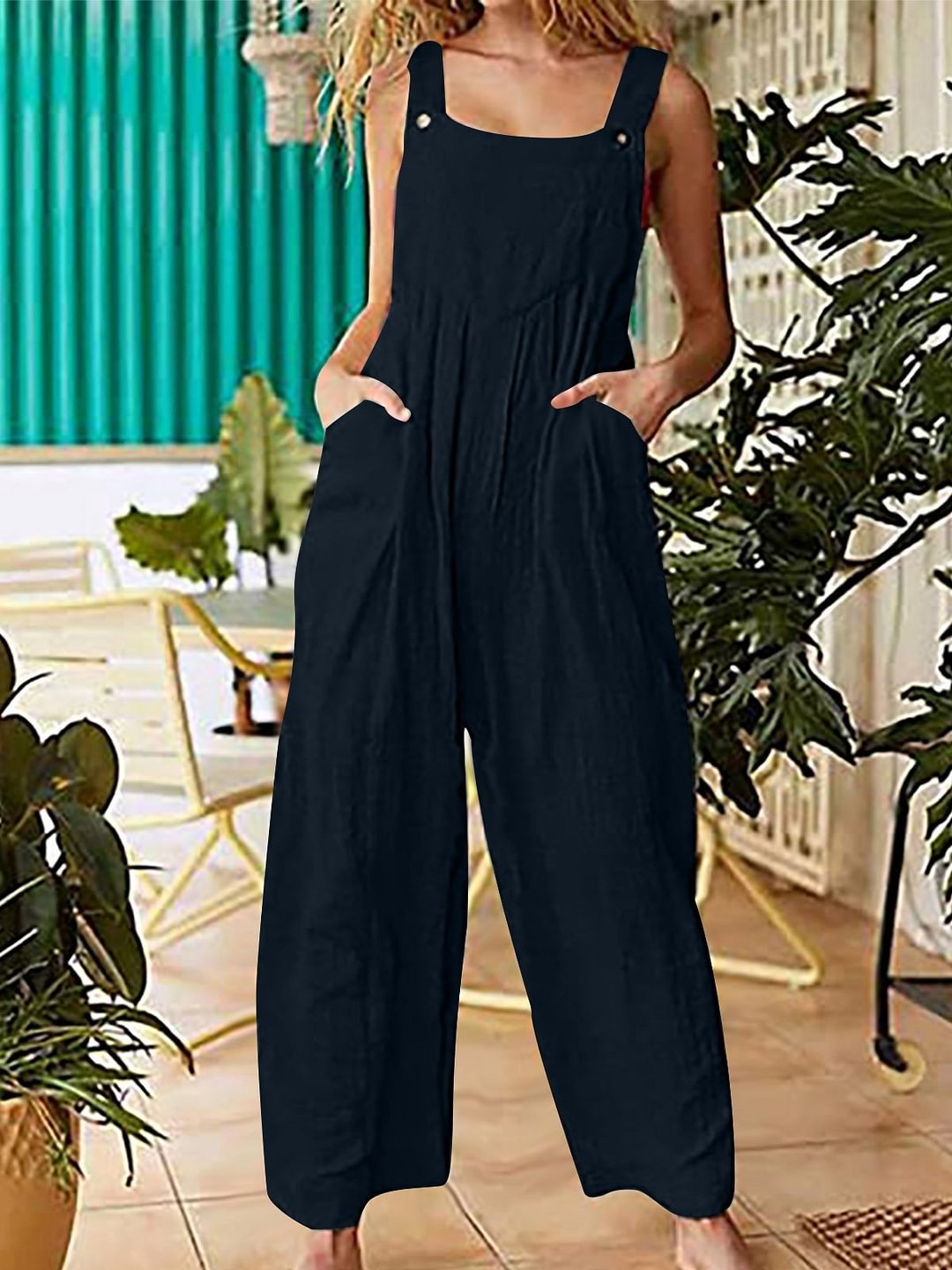 Ethnic Style Solid Button Suspender Jumpsuit