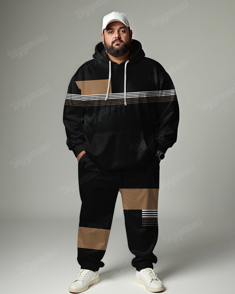 Men's Daily Casual Black Colorblock Stripe Print Plus Size Hoodie Suit