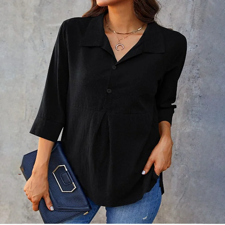 Cotton and linen solid color lapel slit dovetail three-quarter sleeve women's shirt socialshop