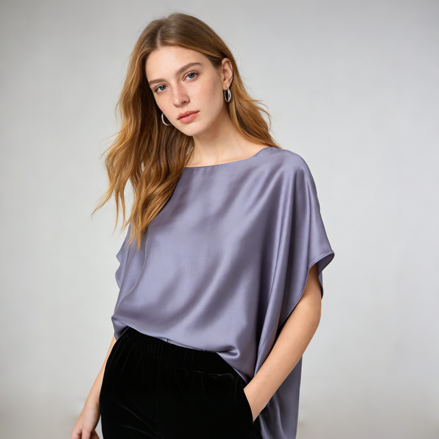 Washable Strech Silk T-Shirt Batwing Sleeve REAL SILK LIFE