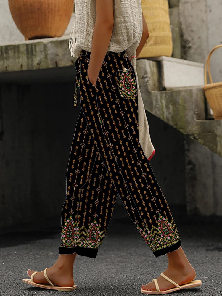 Women'S Vintage Ethnic Print Wide-Leg Pants