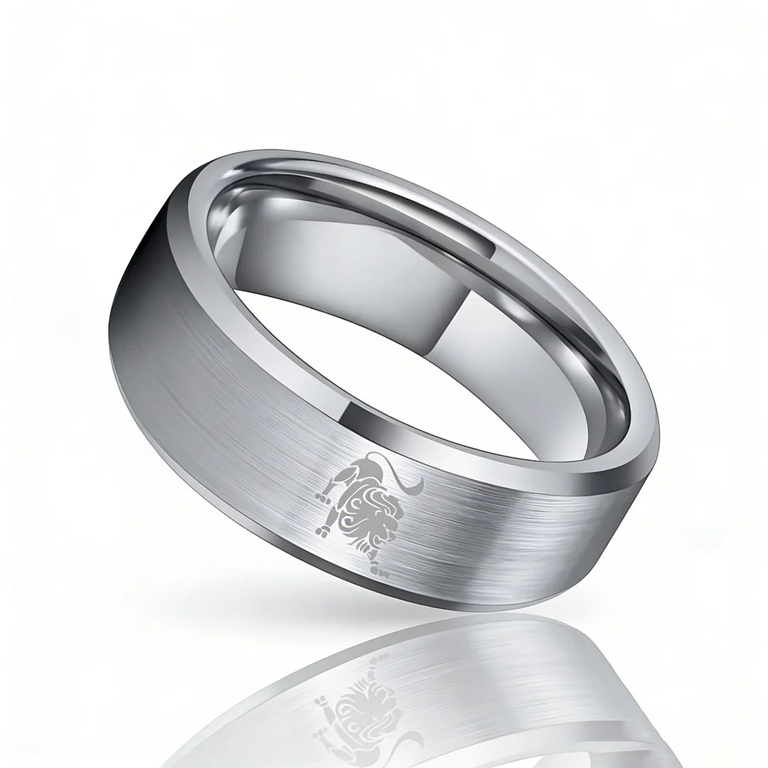 Sliver Leo Tungsten Carbide Rings Beveled Edges Sliver Laser Etched Couple Wedding Bands 4MM 6MM 8MM