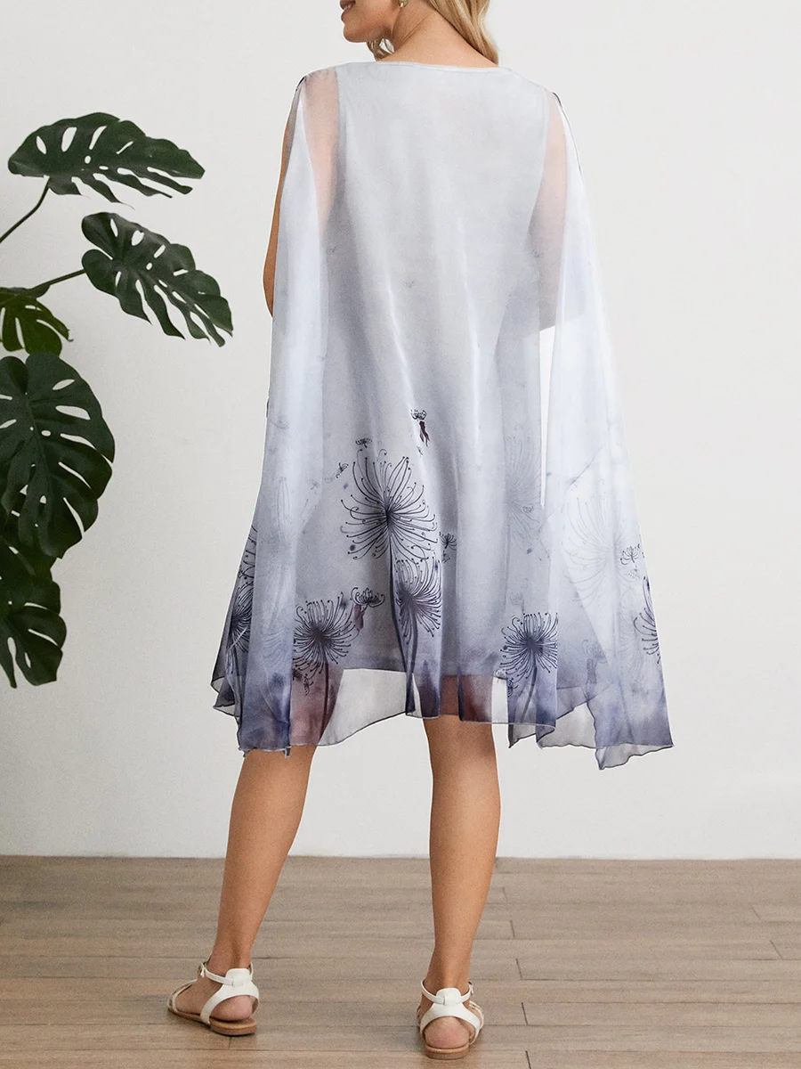 Ladies Dandelion Print Round Neck Sleeveless Dress