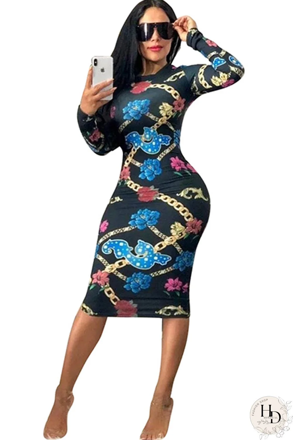 Blue Milk. Europe and America Cap Sleeve Long Sleeves O neck Pencil Dress Mid-Calf Patchwork Print Club
