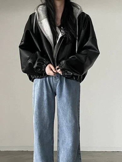 Brownm Black Leather Jacket with Drawstring and Collar Collar