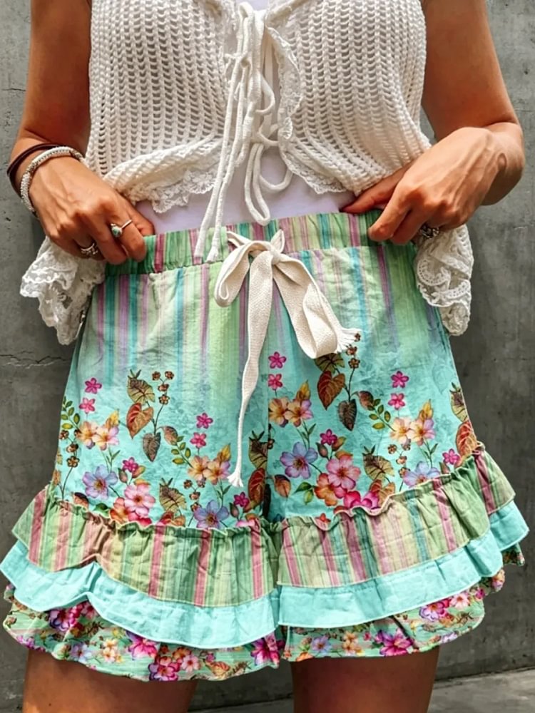 Women's Boho Floral Stripe Print Ruffle Hem Shorts