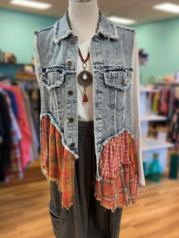 Vintage Raw-Edge Denim Vest With Plaid