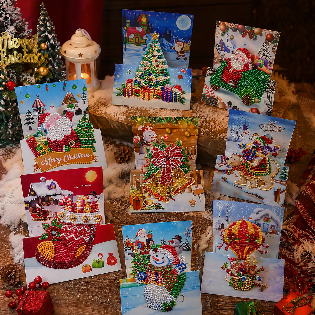 8PCS 3D Christmas DIY Diamond Painting Greeting Card Kits with Envelopes Diamond Art Greeting Cards Diamond Art Cards Kits for Adults DIY Crafts Family Friend Gifts