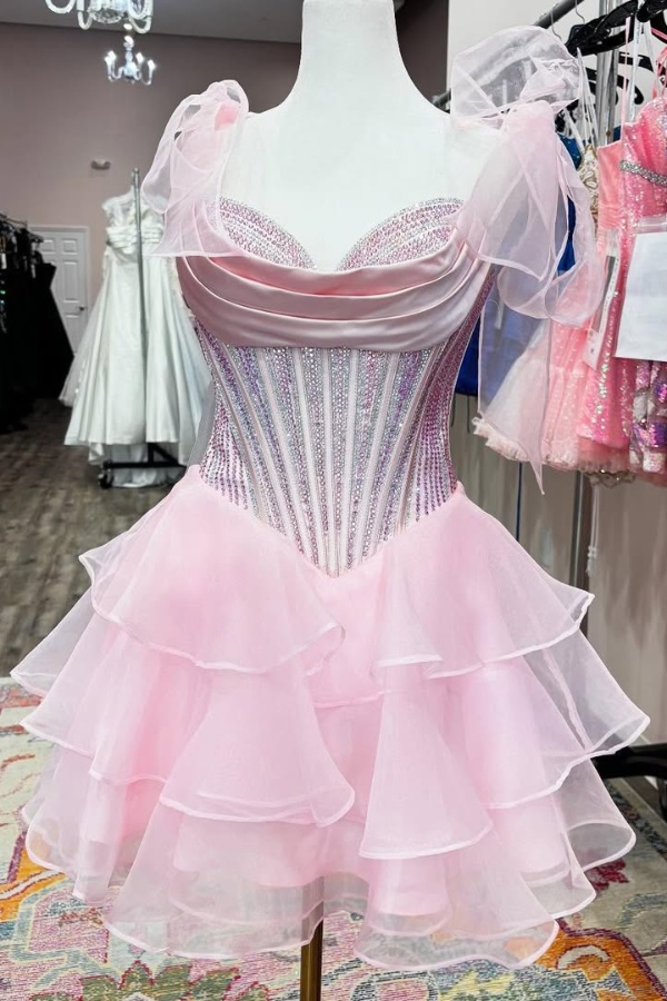 Ovlias Blushing Pink V-Neck Homecoming Dresses Sheer Pleated with Rhinestone CH0019