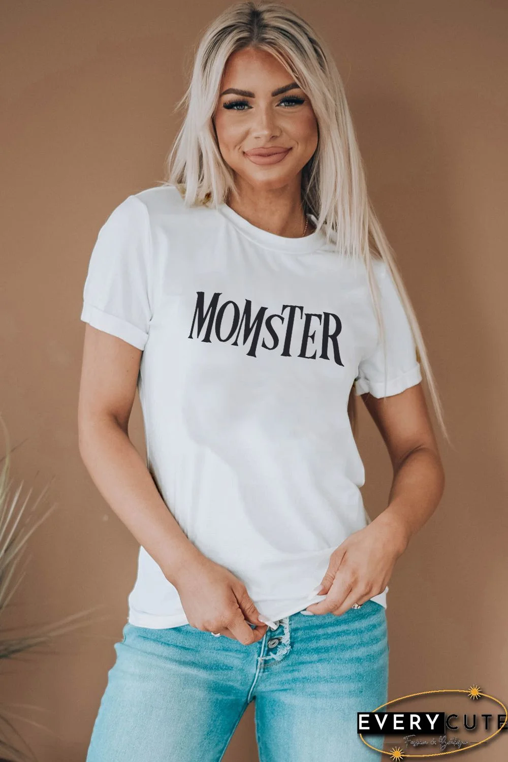 White MOMSTER Letter Print Short Sleeve T Shirt