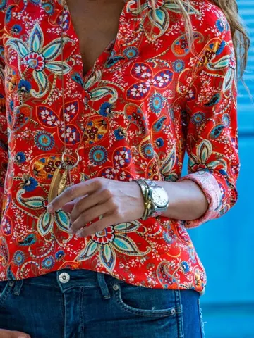 Floral Printed Casual Shirt Collar Blouse