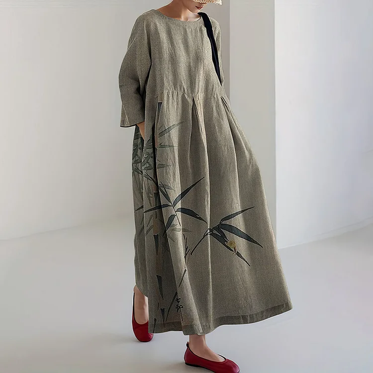 Comstylish Japanese Art Bamboo Linen Blend Maxi Dress