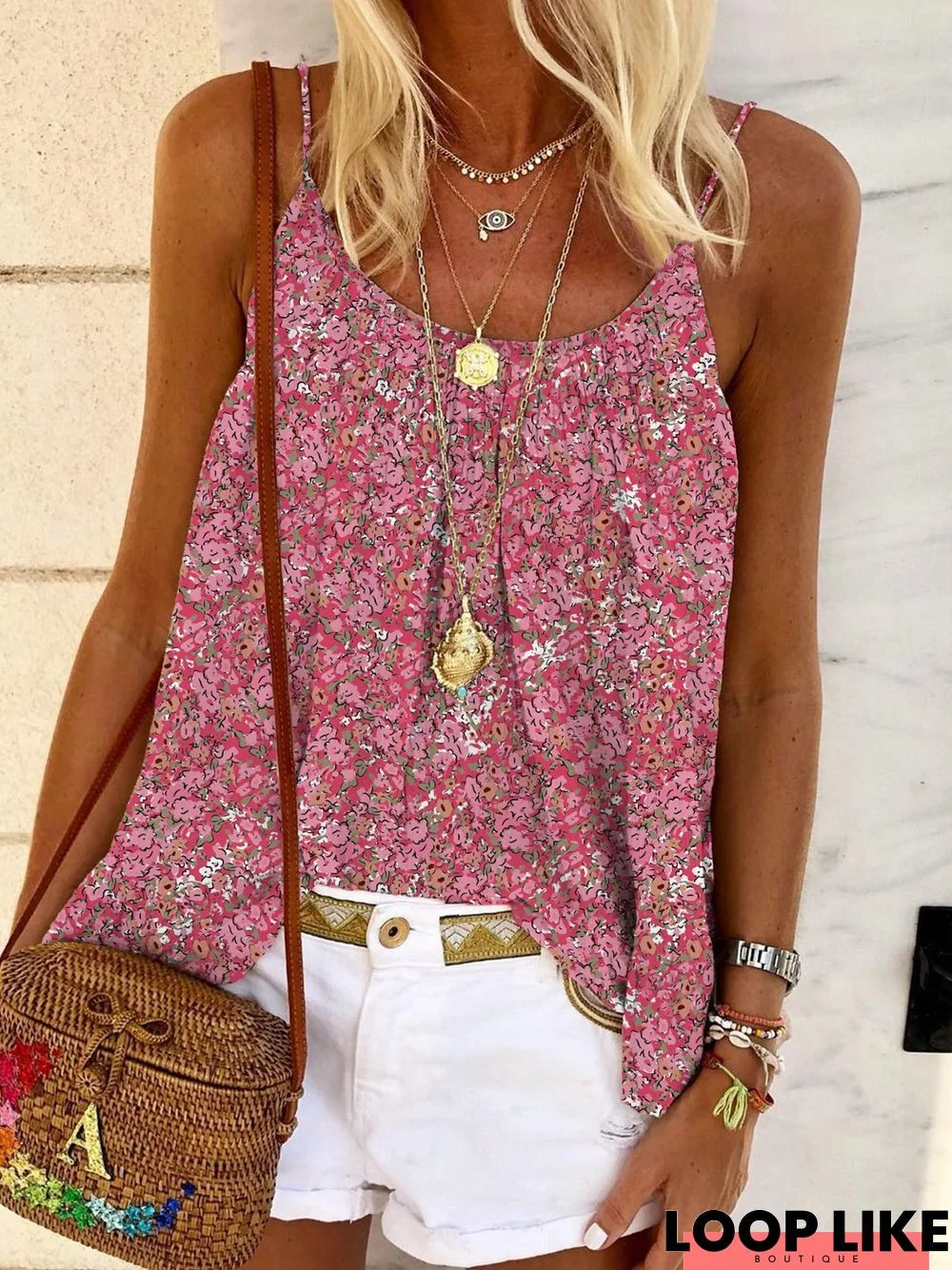 Casual Floral Sleeveless Round Neck Plus Size Printed Top Vests