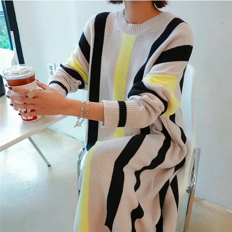 Huiketi And Winter New Large Size Long Sweater Dress Women Loose Striped Knitted Sweater Korea Style Casual Knit Dresses 2024