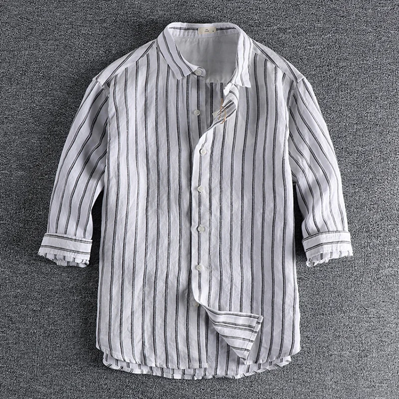 Casual Striped Washed Linen Breathable 3/4 Sleeve Vacation Shirt