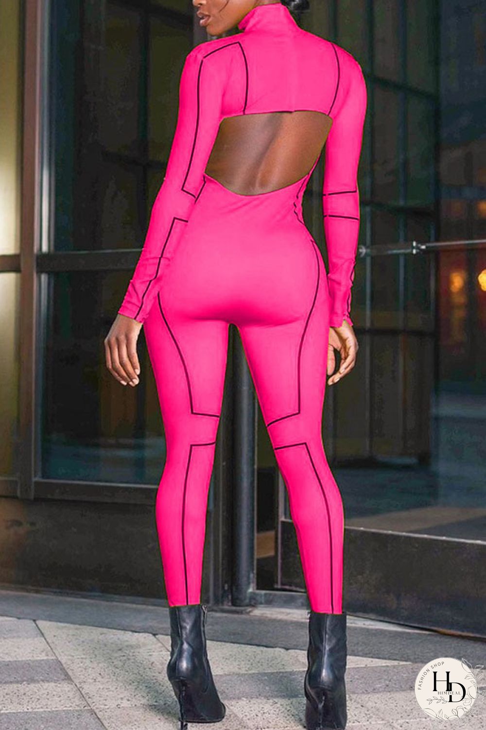 rose red Fashion Print Backless Milk. Long Sleeve O Neck Jumpsuits