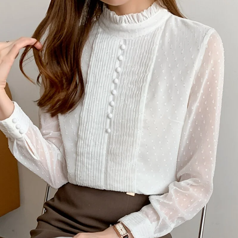 Loose White Elegant Blouse Autumn Pleated Ruffle Blouse Women Top Long Sleeve Lace Chiffon Shirt Office Lady Blusas Mujer 16776