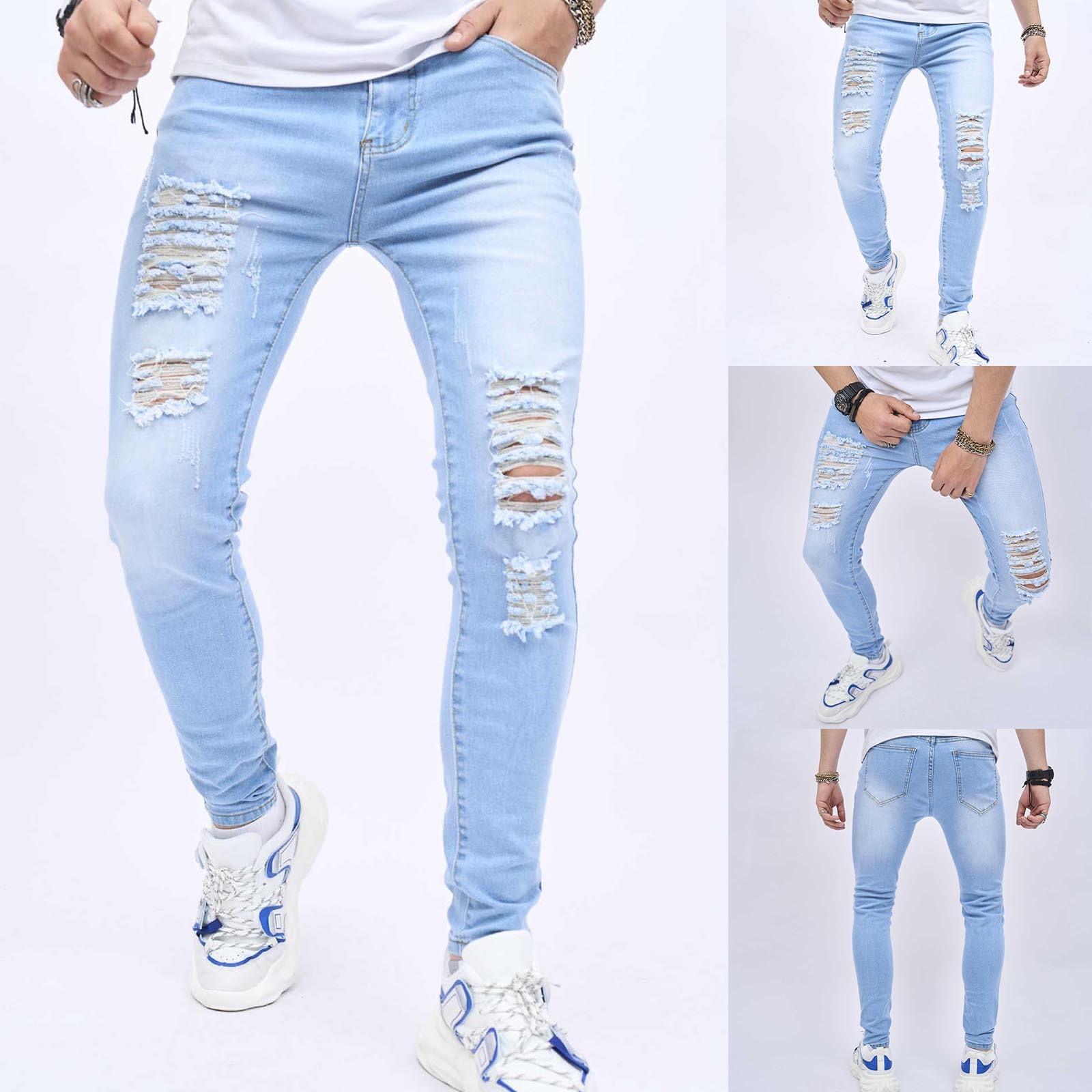 Men's Casual Stretch Jeans Fashion Personality Ripped Holes Slim Stretch Small Feet Motorcycle Jeans