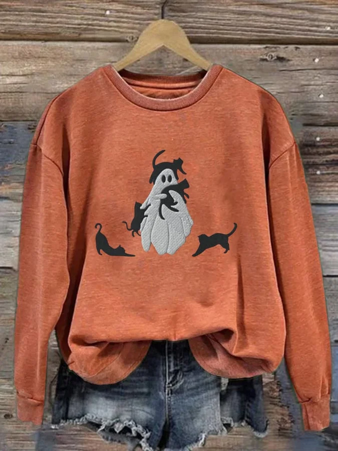 Women's Ghost With Black Cats Print Casual Sweatshirt 