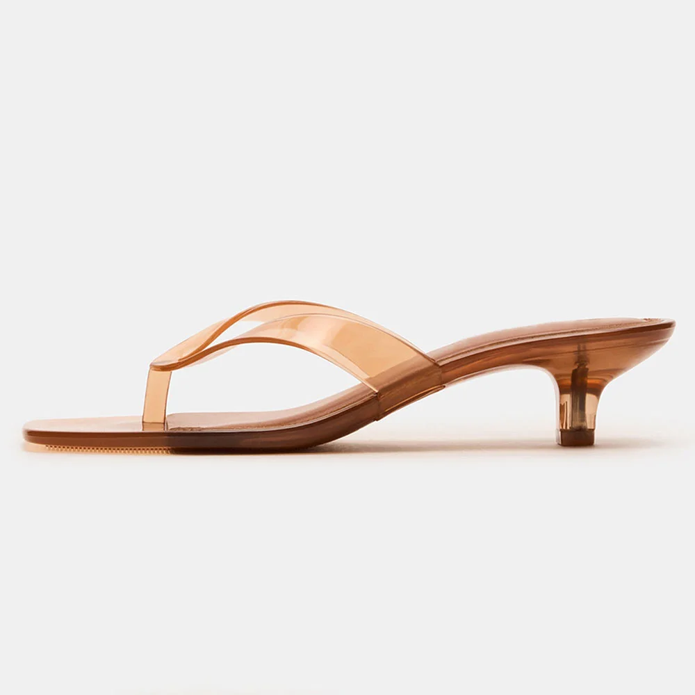 Brown Open Square Toe Slip-On Clear Sandals with Kitten Heel