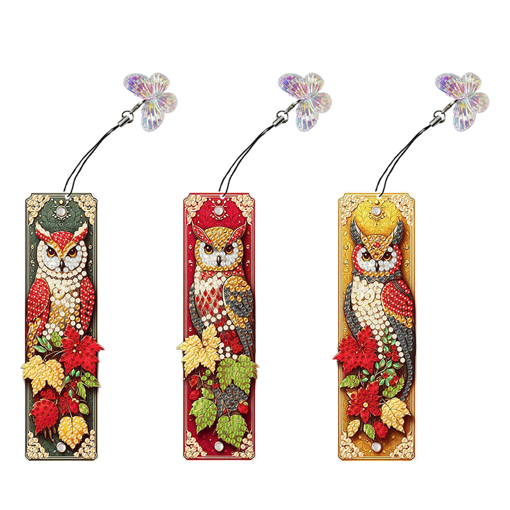 3Pcs Owl Diamond Painting Bookmarks with Pendant 5D Diamond Art Bookmark Kits