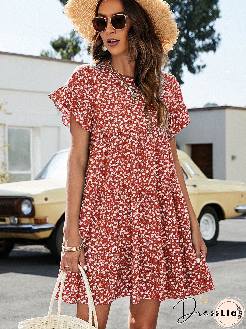 Floral Round Neck Casual Loose Dress