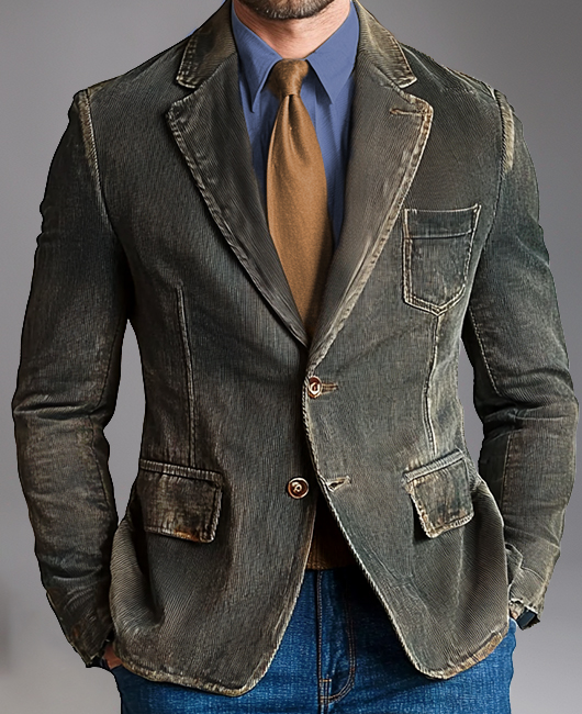 Okaywear Distressed Corduroy Notched Lapel Two Button Blazer