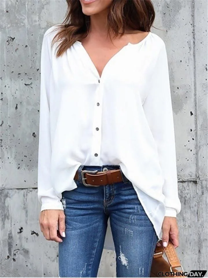 Relaxed Fit V Neck Solid Color Long Sleeve Button Up Chiffon Blouse