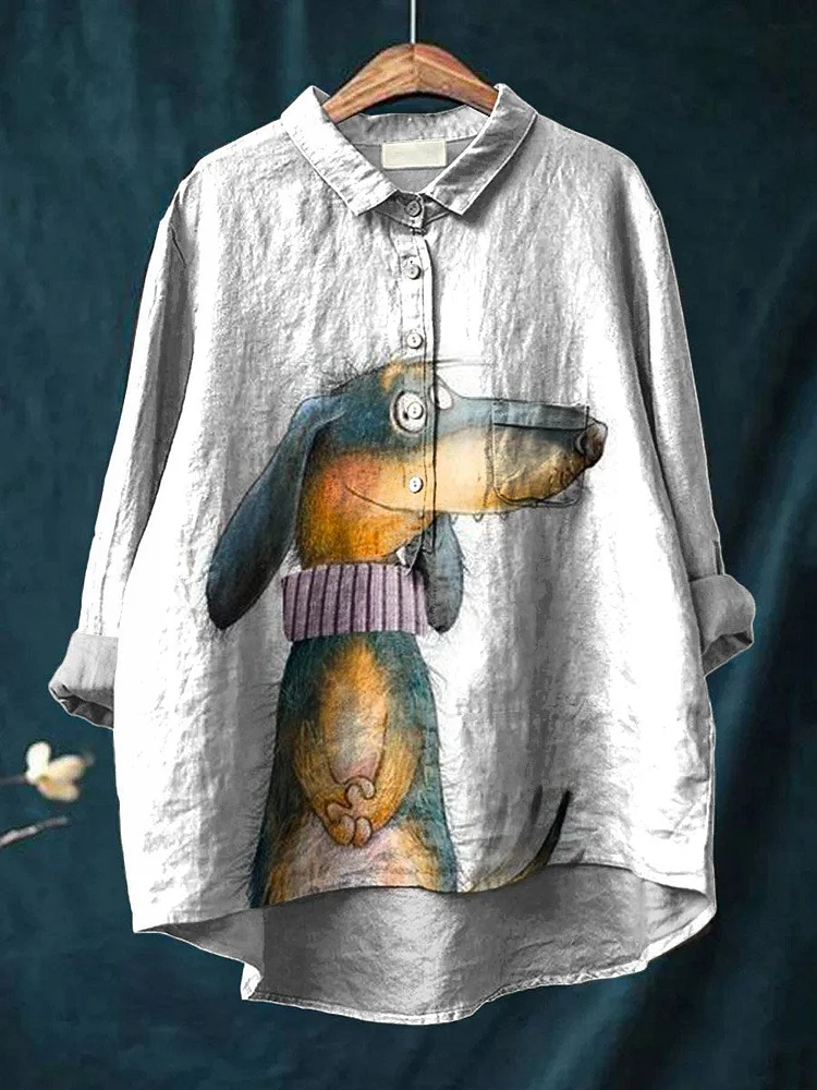 Vintage Lovely Dog Art Print Casual Cotton And Linen Shirt