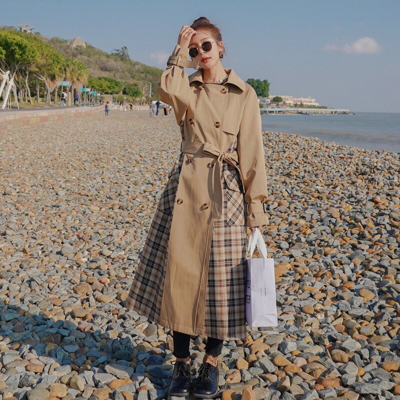 Women Trench Coat Long Double-Breasted Plaid Patchwork with Belt Spring Fall Windbreaker Lady Duster Coat Female Outerwear