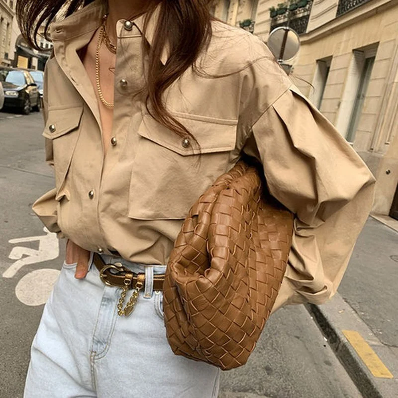 2022 Pockets Streetwear Loose Female Shirt New Spring Autumn Vintage Turn-down Collar Blouse Lantern Sleeve Tops Blouses12623