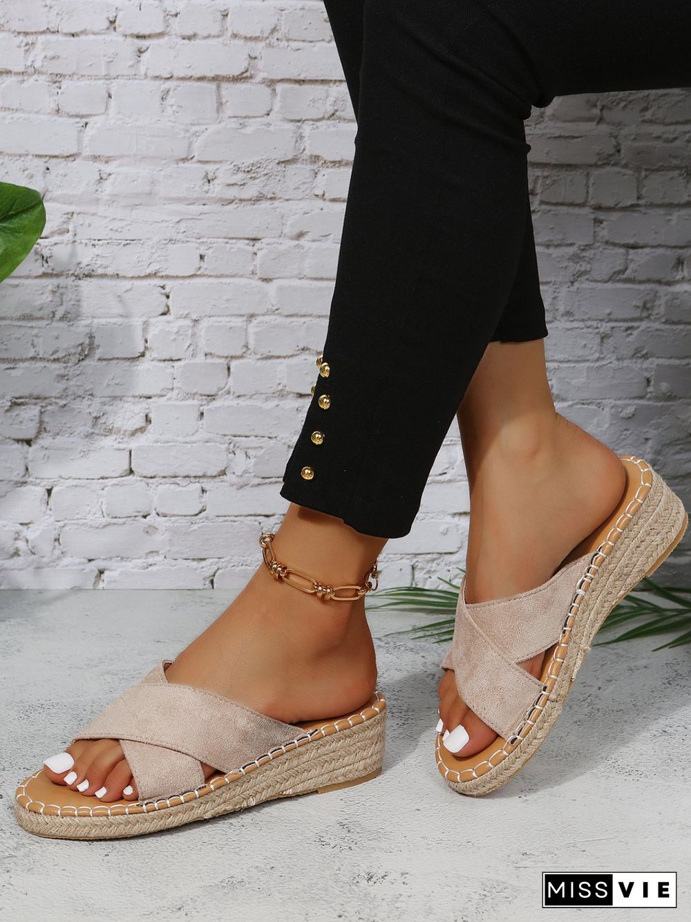 Faux Suede Cross Strap Straw Wedge Slides