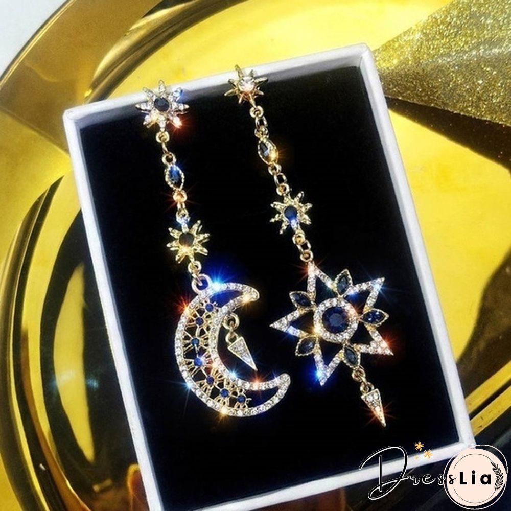 925 Silver Needle Asymmetry Long Star Moon Earrings Crystal Rhinestone Personality Tassel Elegant Shinny Earrings Girls Jewelry Gifts